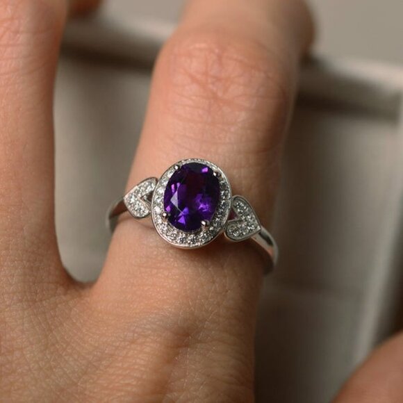 925 Silver Plated Purple Oval Cut CZ Birthstone Ring, FB16FA1135 - Picture 3 of 11